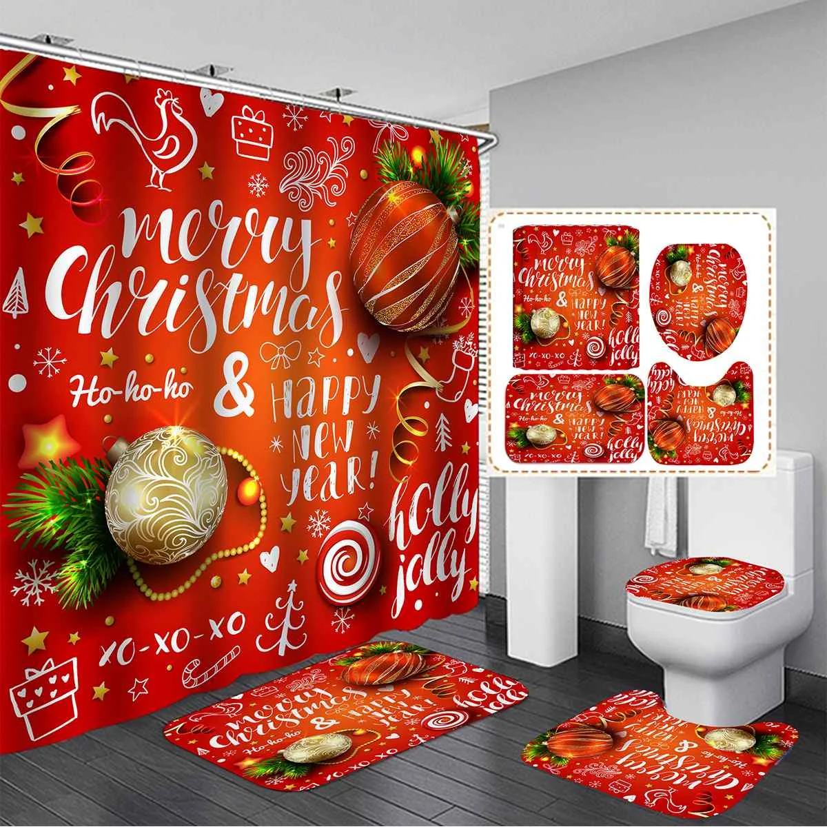 

Christmas Polyester Fabric Shower Curtain Bath Mat Set New Year Bath Curtain Anti-slip Rug Toilet Carpet Bathroom Accessories