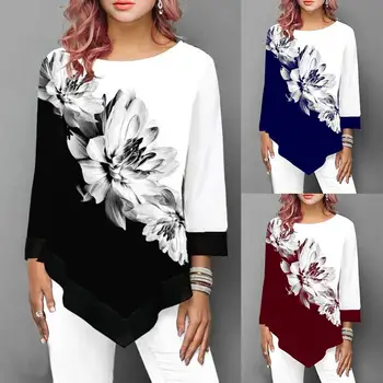 

t shirt Women Fashion Long Sleeve Crew-neck Shirt Women Print T-shirt Hem Tunic Casual Nine points sleeve Top