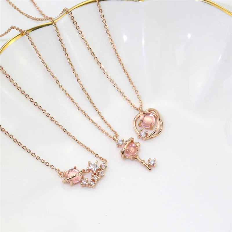

Sole Memory Pink Crystal Starry Sky Universe Dreamy Cute Sweet 925 Sterling Silver Clavicle Chain Female Necklace SNE473