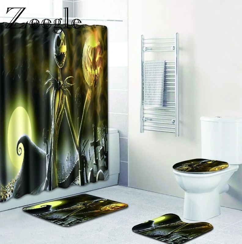 Zeegle Halloween Bath Mat Set with Shower Curtain Toilet Decoration Curtain and Hooks Pedestal Rug Lid Toilet Cover Bathroom Mat