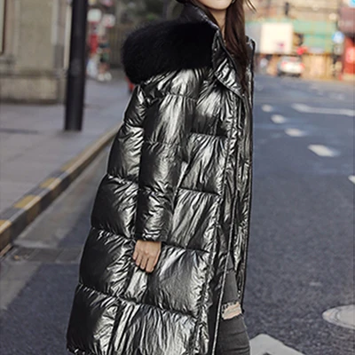 Gray Женские Длинные пуховые пальто с меховым капюшоном на молнии, Harajuku, свободные женские светоотражающие куртки, Утепленные Пальто размера плюс, Женская Глянцевая верхняя одежда - Цвет: Gray