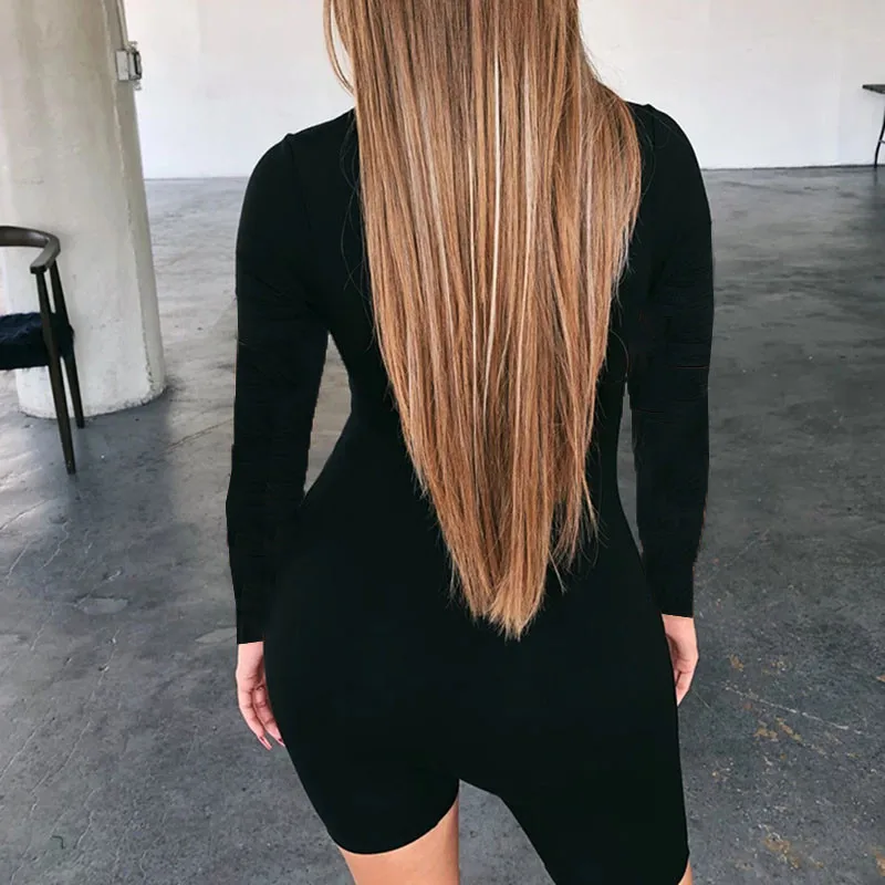 Autumn Neon Women Playsuits Casual Street Rompers V-Neck Zipper Skinny Black Winter Outfits Double Side Wear Jumpsuit GV108