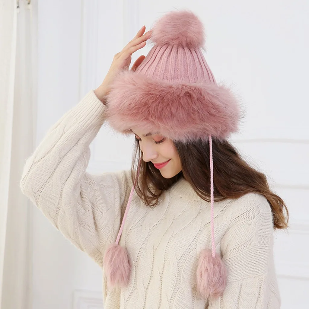 Pink Теплые зимние спортивные многофункциональные шапки, вязаная шерстяная шапка с помпоном для волос, женская модная утолщенная защита ушей - Цвет: Pink