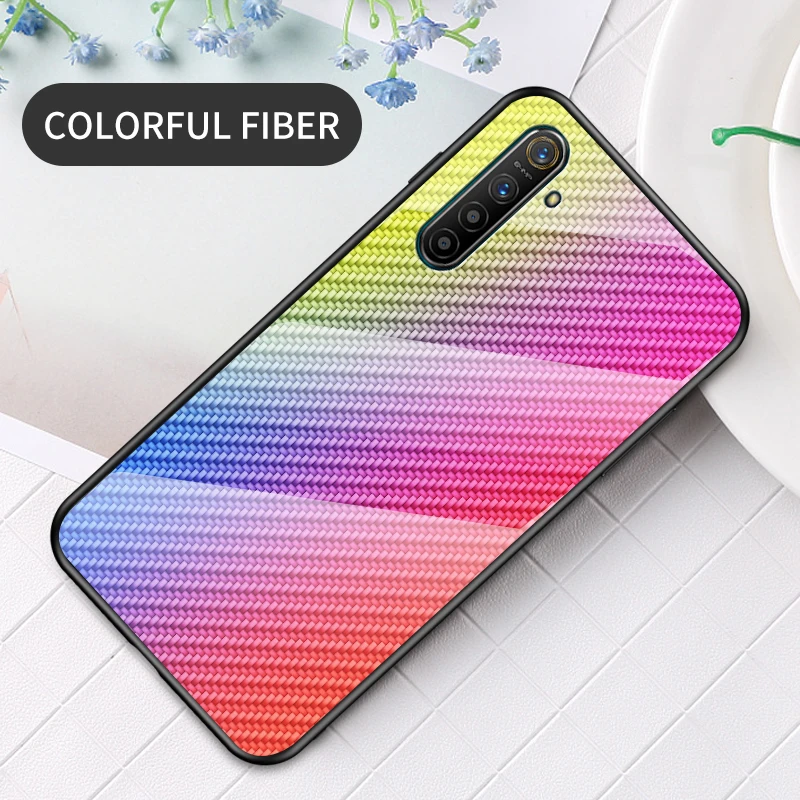 Для Oppo Realme X2 чехол для телефона Роскошный чехол из углеродного волокна из закаленного стекла для Oppo Realme XT градиентный витражный чехол для телефона - Цвет: Dazzling Color