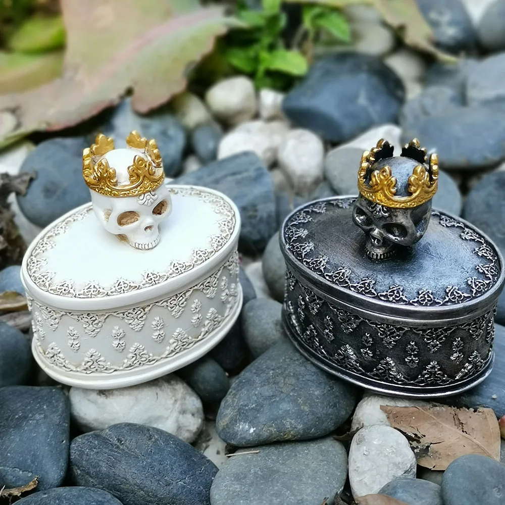 

Crown Skull Jewelry Storage Box Dustproof Desktop Mini Storage Box With Lid Black And White Ancient Gothic Style Young Girl