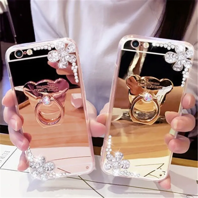 

case for iPhone 11 XR 7 8 11 Pro Max X XS Max Plus 6 6s mirror surface Rhinestone flower litter bear finger ring kickstand