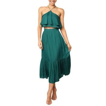

2019 Sexy Two Pieces Set Women Small Fragrance Wind Sexy Hanging Neck Straps Halter Vest+ Skirt Suit 2 Pieces Summer