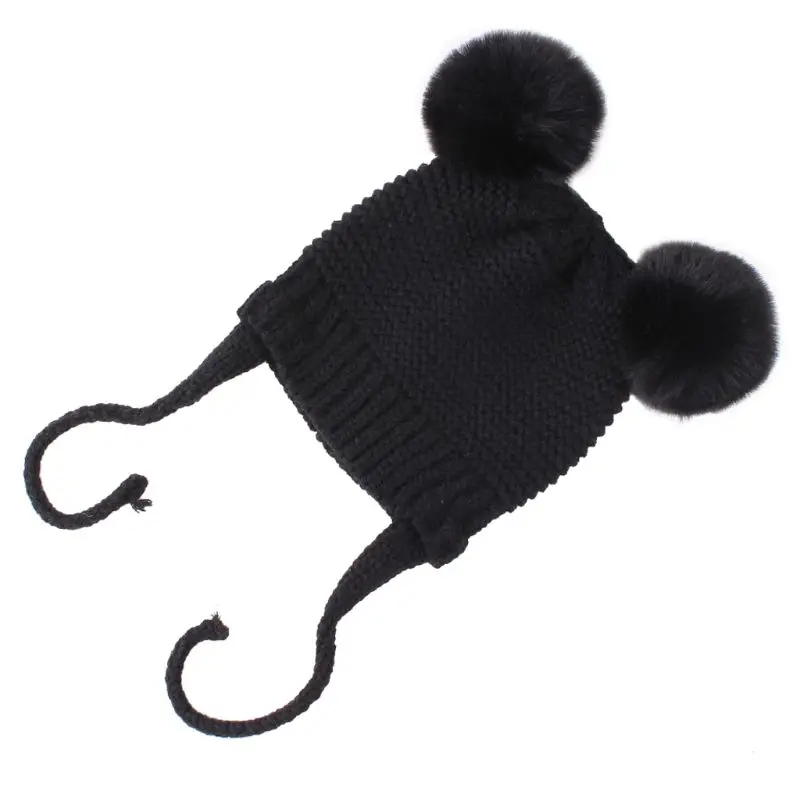 Вязаная шапка бини для маленьких мальчиков и девочек с плюшевыми шариковыми ушками, Зимняя Теплая двойная шапка с помпоном P31B