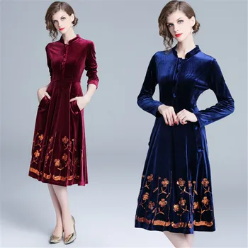 

European station 2019 Autumn winter new elegant collar A-line long sleeve sequin embroidered velvet dress women