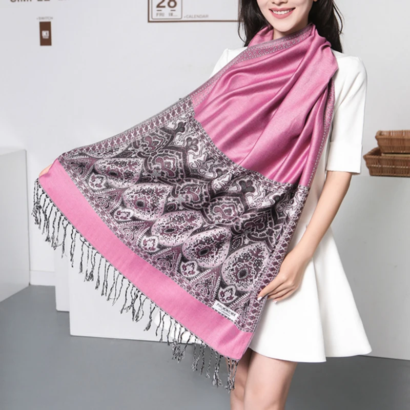 Ретро мода женщин цветочные шарфы «пейсли» палантин большой квадратный шелковый пашмины атласная кисточка шарф платок - Цвет: Pink