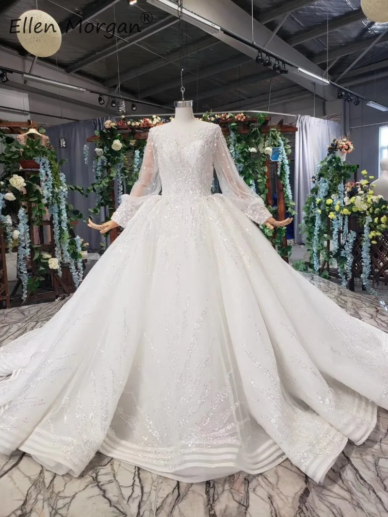 Vestidos De Novia одежда с длинным рукавом кружевные свадебные платья Элегантный с низким вырезом на спине вырез лодочкой с блестками с длинным шлейфом официальные свадебные платья, бальное платье