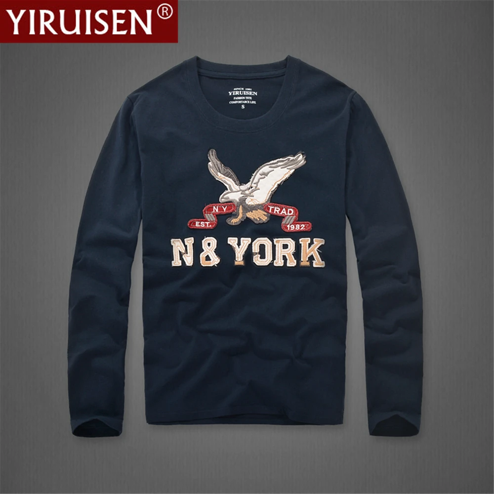 

YIRUISEN Vintage Mens Long Sleeve Tee Shirts Embroidery 100% Cotton Breathable Style Male Clothing Regular Fit Casual Soft Tops