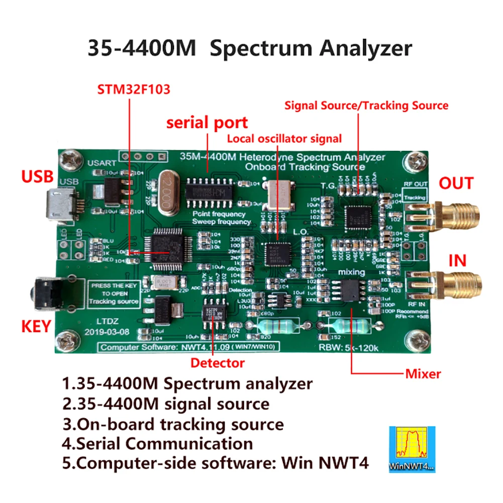 Анализатор спектра с USB Высокая точность спектрального источника сигнала RF частота домена анализа инструмент развертки полосы пропускания 33 МГц-4400 МГц