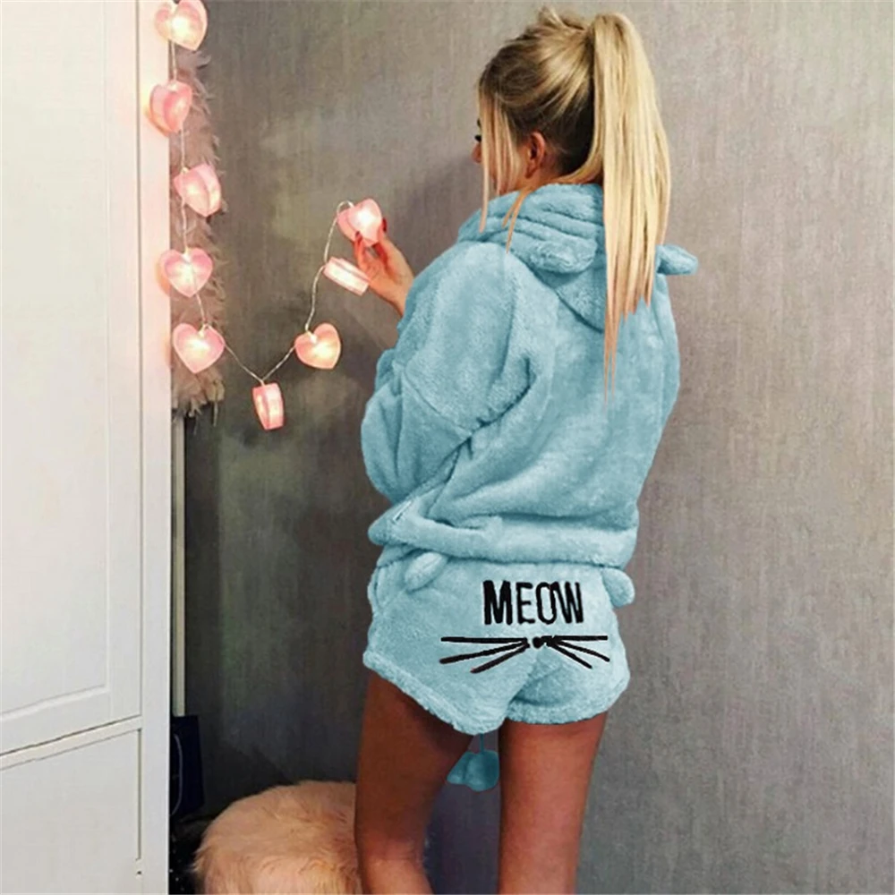 Light Blue Женские Фланелевые пижамы, зимние пижамные комплекты, розовые милые Мультяшные пижамы с животными, толстая одежда для сна, женская повседневная домашняя одежда - Цвет: Light Blue