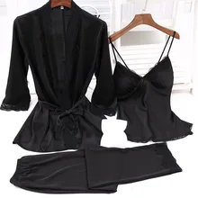 Черная Женская домашняя одежда пижамы 3 шт. ремень топ брюки костюм пижамы наборы ночная рубашка сексуальная леди кимоно халат банное платье Ночная рубашка