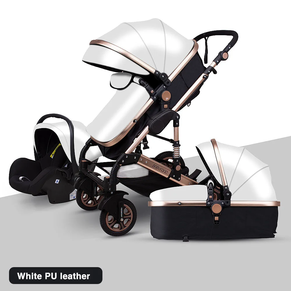 White EU warehoue 3 in 1stroller baby Luxury Baby stroller high landscape baby Carriage PU material with car seat - Цвет: White