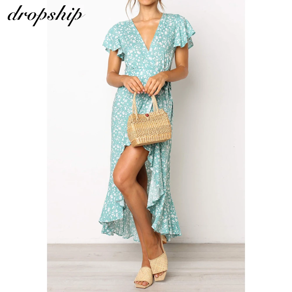 

Women Sexy Summer Long Party Dress Bodycon Maxi Chiffon Dot Boho Beach Dresses Short Sleeve Vintage Vestido Large Size Clothes