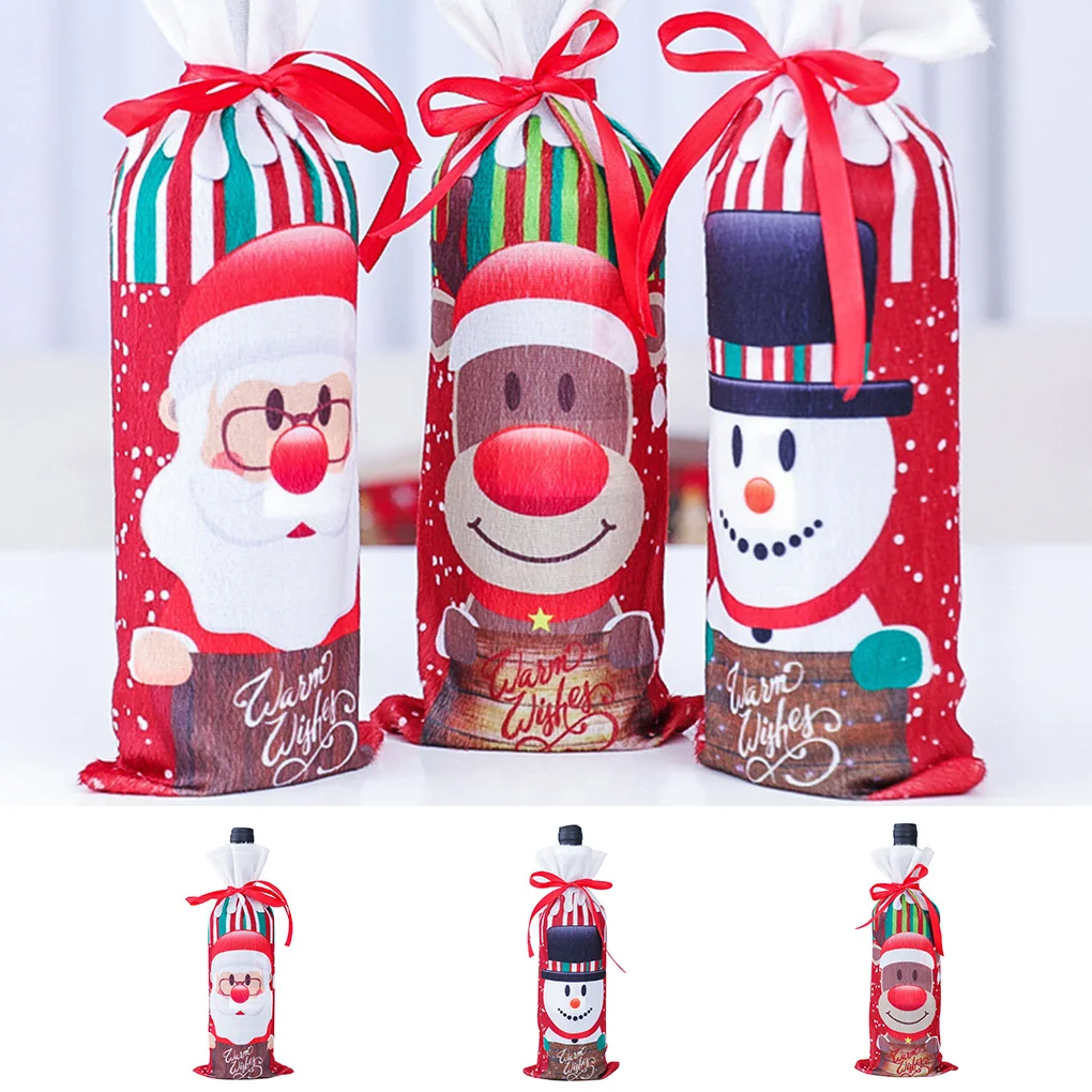 

2019 New Wine Champagne Bottle Cover Cloth Cartoon Snowman Old Man Home Party Drawstring Pouch Christmas Decor