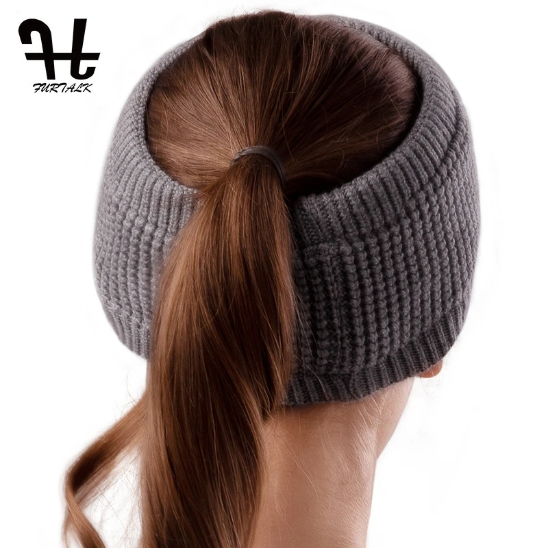 FURTALK Ponytail Beanie Hat Women Winter Knitted Hat High Messy Bun Hats for Female Fleece Cap Winter Black Cap Sportswear