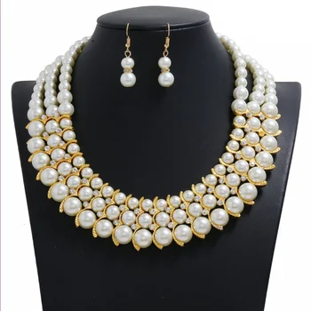 

Light Yellow Gold Color Layer Imitation Pearl Pendant Statement Necklace Drop Earrings Fashion Jewelry Sets