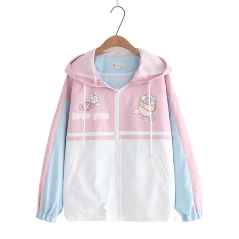 

2019 Autumn Cartoon Stars Printing Loose Coat Sweet Sweatshirt Hoodies Women Moletom Feminino Aesthetic Kawaii Pink Hoodie