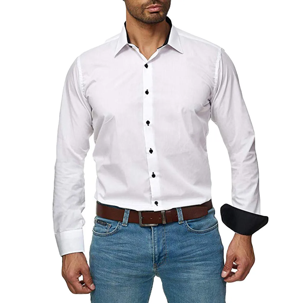 WH Camisa Masculina мужская Евро-американская деловая Повседневная Однотонная рубашка с отворотом с длинными рукавами бежевая рубашка Топы 19Aug13 P30 - Цвет: WH
