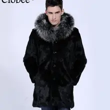 Лидер продаж! Зимнее Мужское пальто из искусственного меха, черный пушистый кролик, уютное длинное пальто с воротником из меха енота