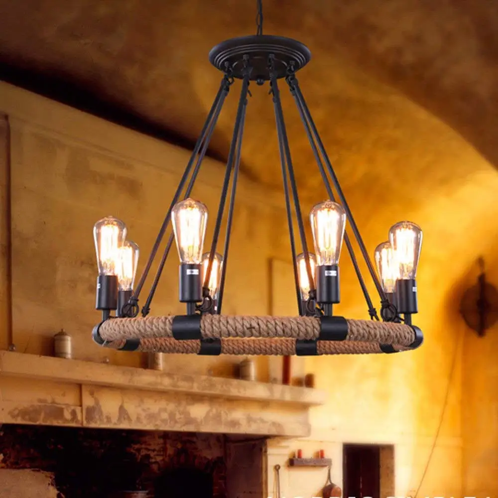 

Vintage Circle Shade Hemp Rope Ceiling Lamp 8 Bases Pendant Light Chandeliers for Kitchen Parlor Bar