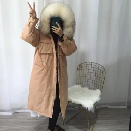 light pink-white fur 30 градусов Женское зимнее пальто большой натуральный мех енота воротник толстый теплый пуховик с капюшоном длинный белый пуховик - Цвет: light pink-white fur