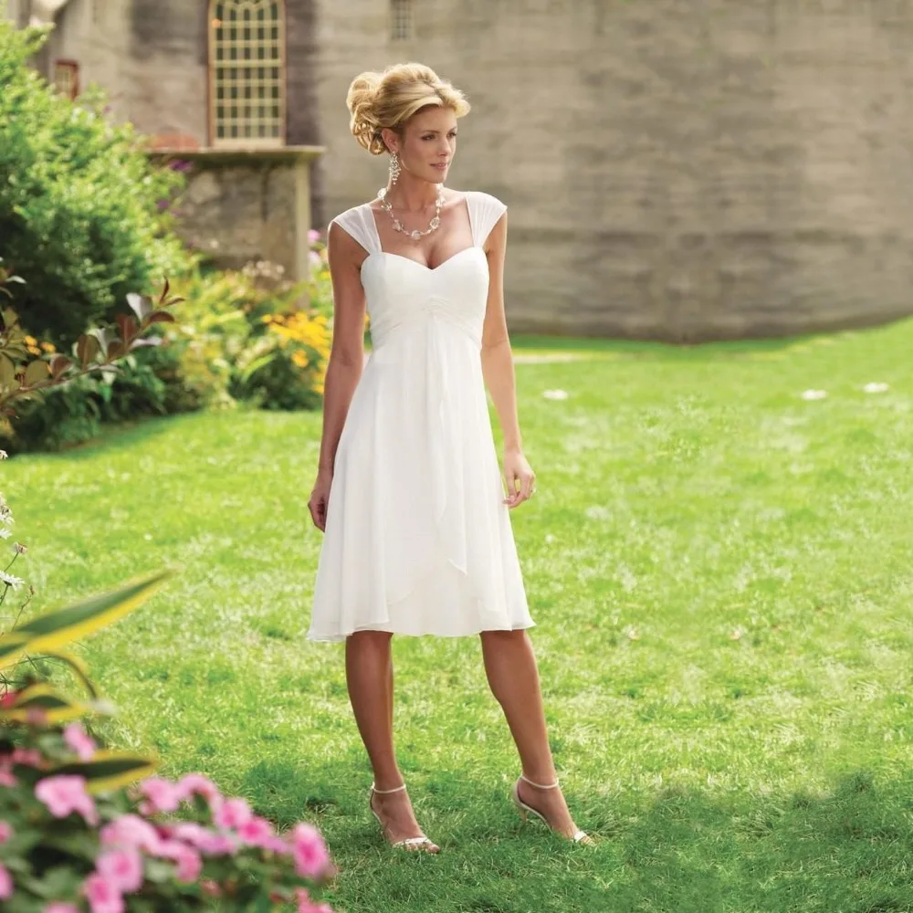 

Summer Beach Knee Length Chiffon 2018 Pleated Sweetheart Neckline Cap Sleeves Short A-line Zipper Bridal Gown bridesmaid dresses