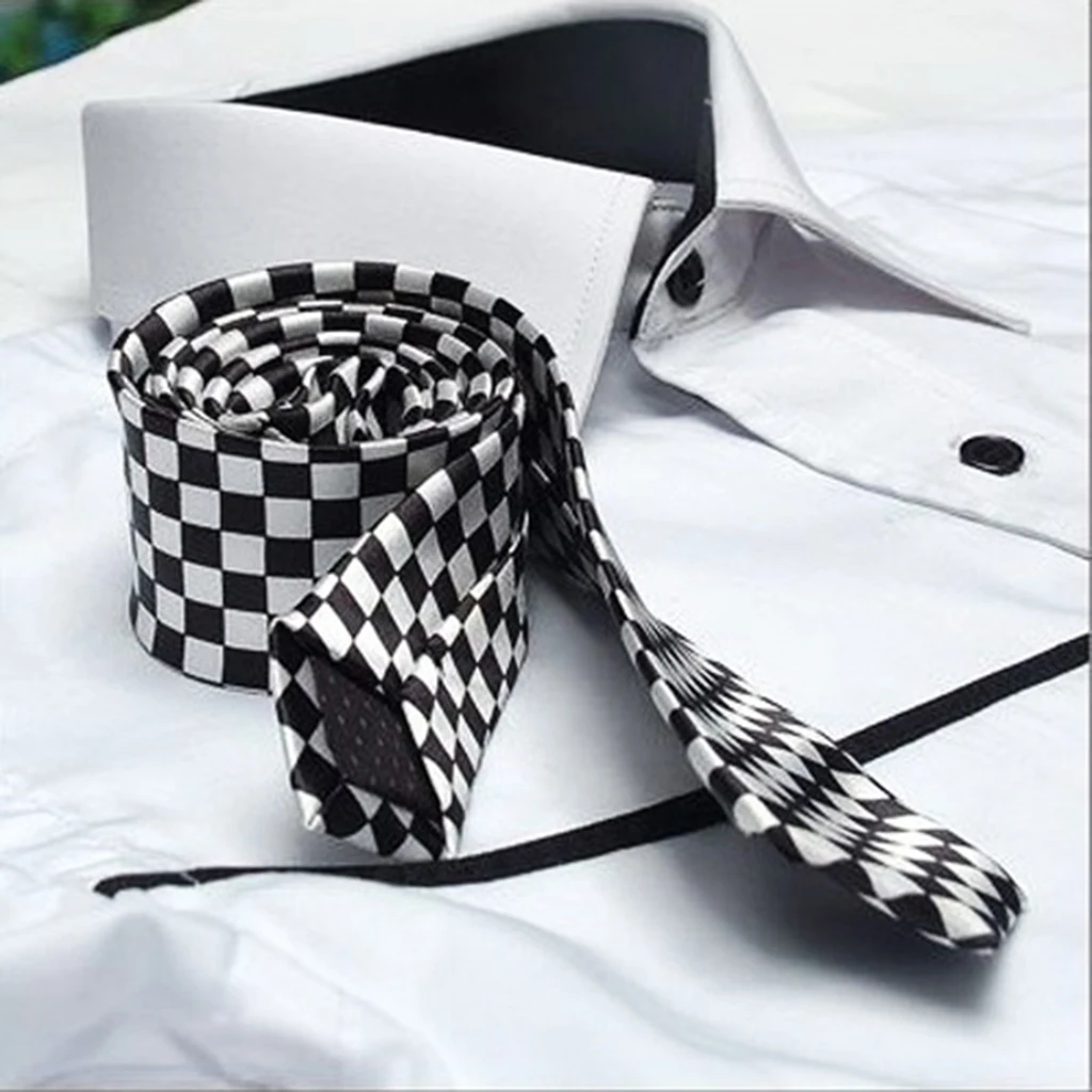 Fashion Checks Plaid Unisex Neck Tie Skinny Necktie Black White Accessories