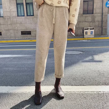 

MISHOW Winter Women Casual Woolen Pants Korean Loose High Waist Solid Color Elastic Waist Pocket Pant MX19D2137