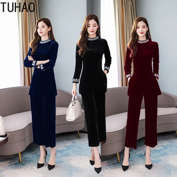 

TUHAO 2019 Autumn winter women's wide-leg pants suits plus size 3XL 2XL velvet two-piece woman sets clothes outfits office lady
