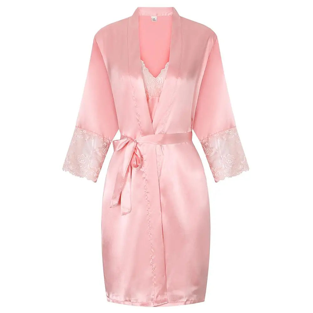 Изысканный кружевной женский халат с коротким рукавом, кимоно, удобный мягкий атласный халат, одежда для сна, элегантный свадебный халат цвета шампанского - Цвет: Pink