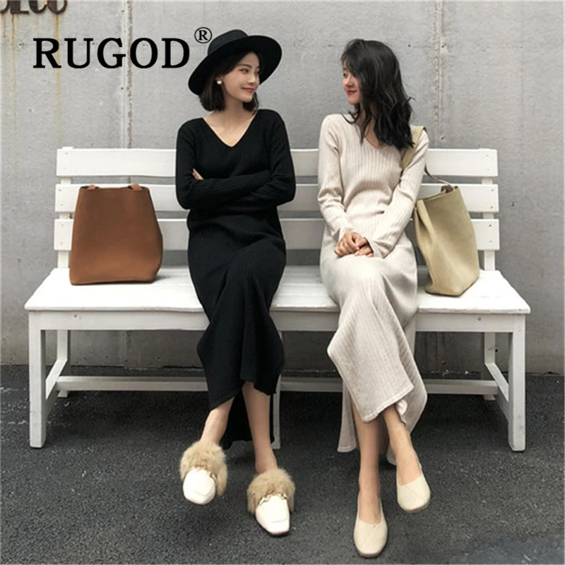 RUGOD корейское трикотажное платье-свитер женское элегантное платье в полоску ямы с разрезом прямое длинное платье femme Повседневное платье с длинным рукавом auturm