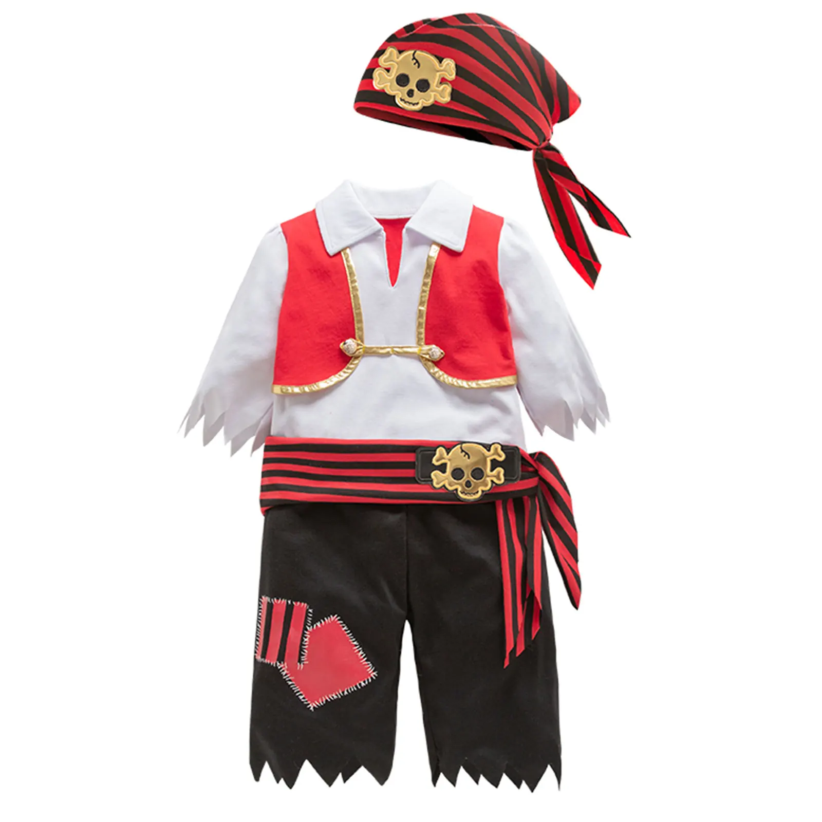 

Kids Boys Cosplay Pirate Costume for Halloween Carnival Party Waistband+Head Scarf+Vest Tops+Trousers Pants Set Fancy Dress Up