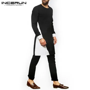 

INCERUN Men Indian Patchwork Vintage Camisas Leisure Black Blusa Men Muslim Kaftan Long Shirts Long Sleeve Round Neck Kurtas 5XL
