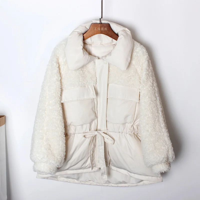 Women Fashion Shake Down Fleece Stitching Down Jacket Female White Duck Down Coat With waistband Windproof Warm Casual Outwear