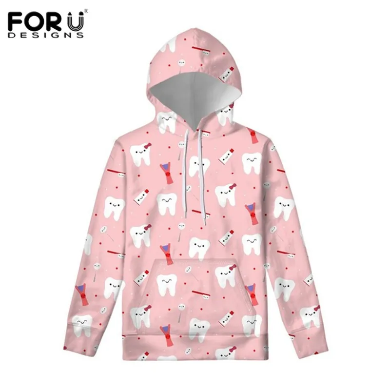 FORUDESIGNS Kawaii Cute Cartoon Teeth Hoodies for Women Hooded Sweatshirt pullover Outwear Winter Warm Fashion Hoody Clothes