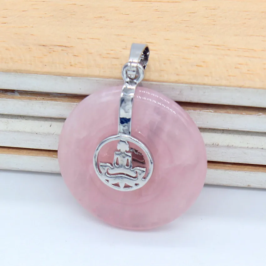 

Trendy-beads Religious Style Silver Plated Round Hollow Yoga Meditation Pendant Natural Rose Pink Quartz Jewelry