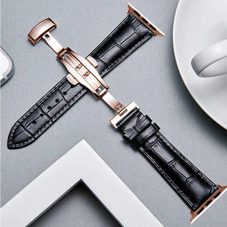 Кожаный ремешок с бабочкой для apple watch 5, 4, ремешок correa, apple watch 44 мм, 40 мм, 42 мм, 38 мм, iwatch 5, 4, 3, 2, 1 браслет - Цвет ремешка: Black Rose Gold