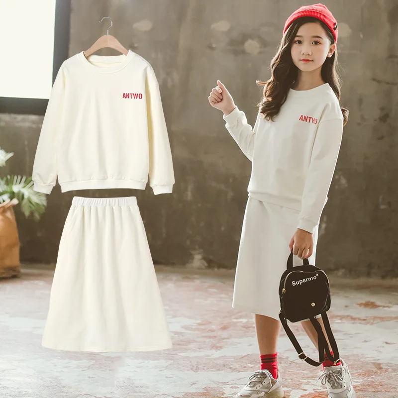 

Girls Clothing Set Long Sleeve Sweatshirts and Solid Skirts Children Two Piece Set Letter Print Tops 10 12 Years Fall Outfits