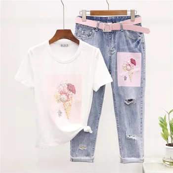 

2020 New Summer T shirt Women Fashion Beaded Sequins Flowers T-shirt + Hole Nine Points Jeans Two Piece Set Women Clothing H021