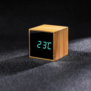 

Bamboo LED Alarm Clocks Temperature Electronic Clock Sounds Control Table Clock Adjustable Brightness Snooze Clock