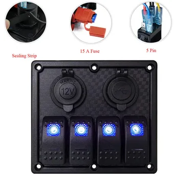 

Rocker Switch Panel 4 Gang With 3.1A USB Charger Cigarette Lighter On-Off Led Boat Switch Panel Marine Car Auto