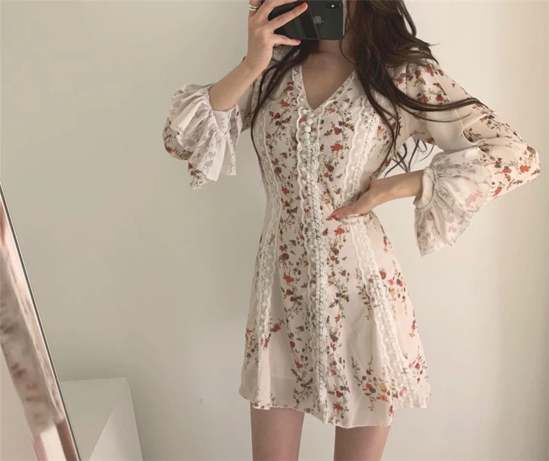 Lace Chiffon Mini Dress Women New Arrivals V-neck Lace Up Slim-fit Floral Print Flared Sleeve Dresses Sweet Sexy Female Spring A