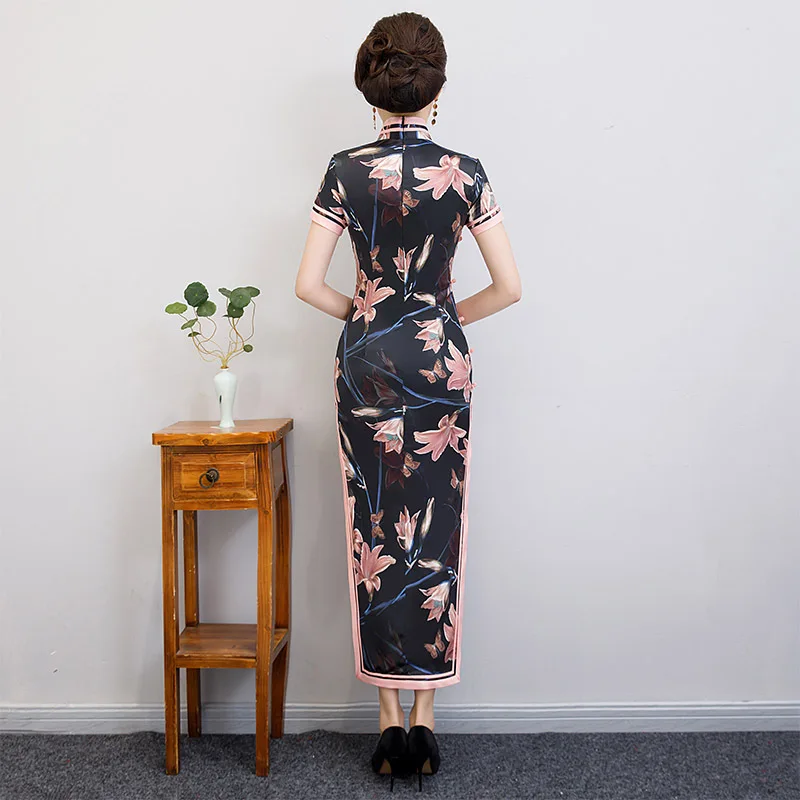 Черное Стильное женское длинное платье Классический китайский стиль Qipao сценическое шоу элегантный женский ручной работы Кнопка Cheongsam Плюс Размер M-3XL