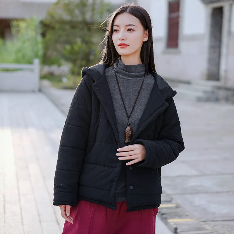 

Johnature Autumn Winter Cotton Linen Pockets Warm Hooded Jacket Coat 2019 New Loose Retro Long Sleeve 3 Color Women Thick Coats