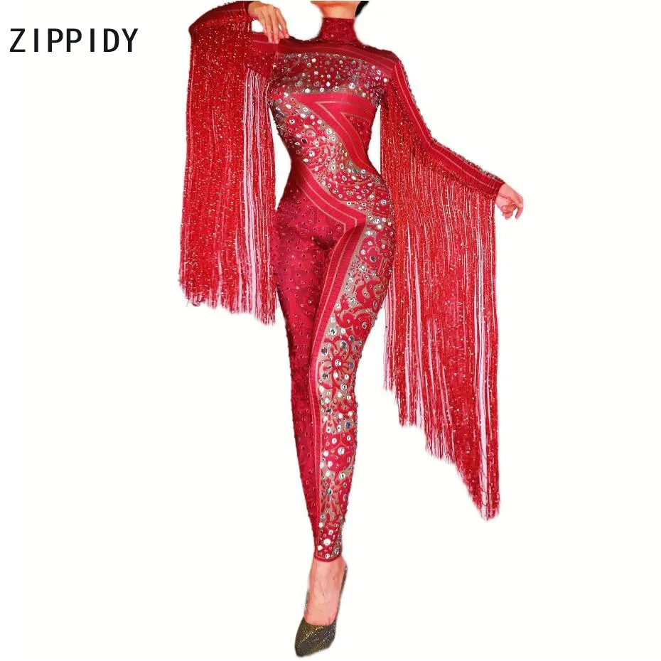 Красный бахрома Стразы комбинезон сценическое боди праздновать танец кисточкой костюм Леггинсы для женщин певица одежда для танцоров