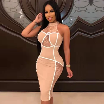

Seamyla Women Sexy Nude Halter Lace Up Flower Hollow Out Sleeveless Bandage Dresses Summer Bodycon Evening Party Club Vestidos
